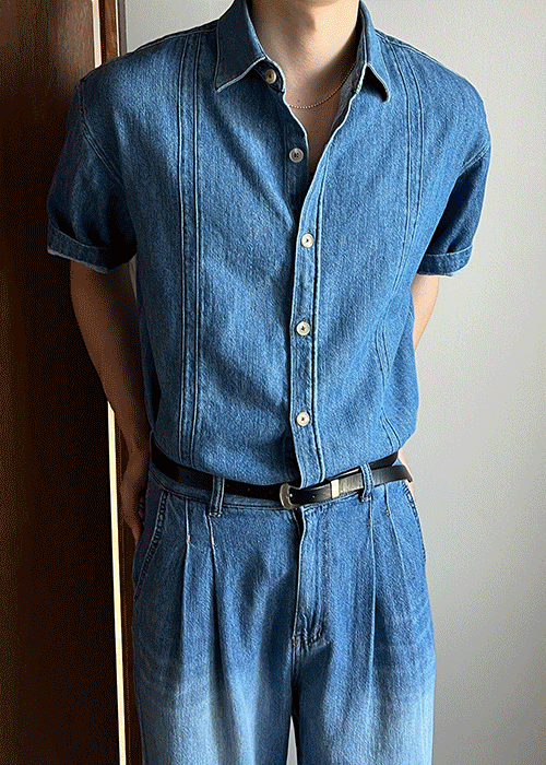 (premium)메종 블루 하프 데님셔츠